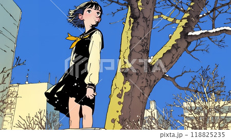 冬枯れの街を歩く若い女性