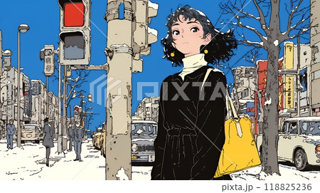 冬枯れの街を歩く若い女性