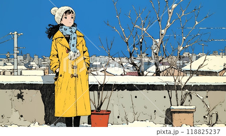 冬枯れの街を歩く若い女性