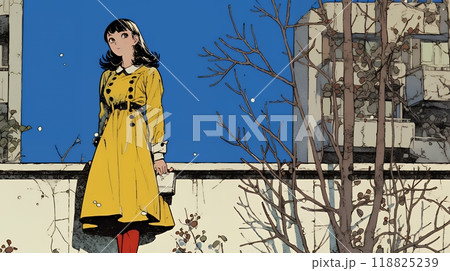 冬枯れの街を歩く若い女性