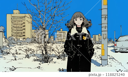 冬枯れの街を歩く若い女性