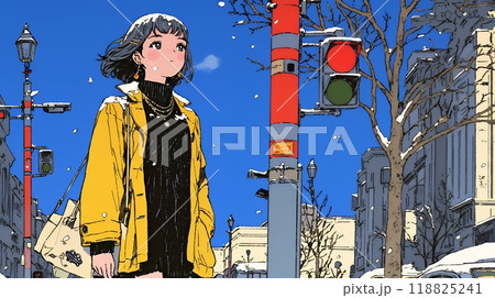 冬枯れの街を歩く若い女性
