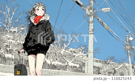 冬枯れの街を歩く若い女性