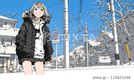 冬枯れの街を歩く若い女性