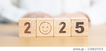 Happy New Year 2025 with Smile block. Satisfaction, feedback, Review, mental health, eco sustainable and good concept 118825315