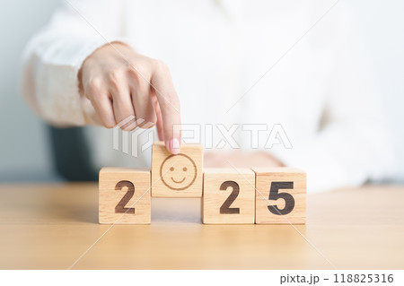Happy New Year 2025 with Smile block. Satisfaction, feedback, Review, mental health, eco sustainable and good concept 118825316
