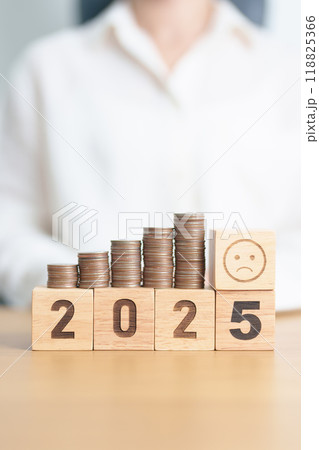 Happy New Year 2025 with Coins stack and Sad icon. goal, Money, Budget, investment, financial, savings, New Year Resolution, Satisfaction, feedback, Review and bad year concept 118825366