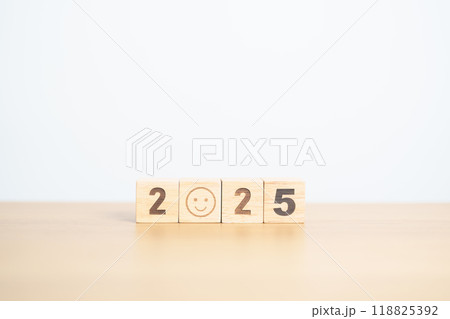 Happy New Year 2025 with Smile block. Satisfaction, feedback, Review, mental health, eco sustainable and good concept Happy New Year 2025 with Smile block. Satisfaction, feedback, Review, mental health, eco sustainable and good concept 118825392