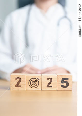 2025 year block with dartboard icon again doctor. Goal, Target, Resolution, strategy, plan, Action, mission, motivation, Health, Healthcare, medical and wellness concept 2025 year block with dartboard icon again doctor. Goal, Target, Resolution, strategy, plan, Action, mission, motivation, Health, Healthcare, medical and wellness concept 118825602