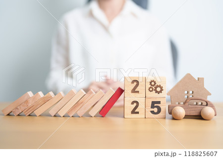 2025 year with wood block falling to business icon with Home and Car model. Real estate Mortgage, House loan and Car debt, Interest rate, risk management, Insurance and economic recession 118825607