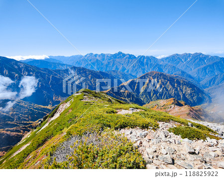 秋の唐松岳登山（山頂から剱岳・立山方面の眺め） 118825922