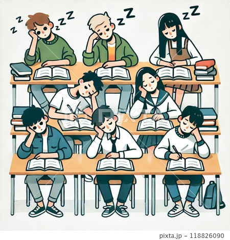 眠気に耐えながら授業を受ける生徒たち 118826090