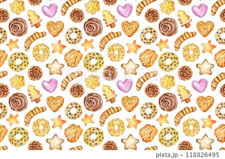 水彩画の色々な種類のお菓子のシームレスパターン背景	 118826495
