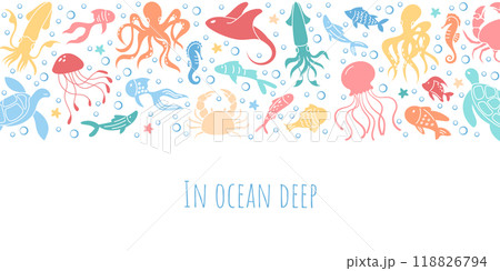 Underwater ocean banner with various marine creatures in vibrant water colors. Sea life such as crabs, turtles, and octopuses fill the underwater world at graphic background design template. 118826794