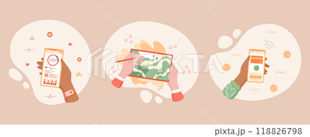Set of hands holding smartphone with app open on screen for online payment. Concept of social media, mobile technology, and digital communication. Suitable for business or ecommerce illustrations. 118826798