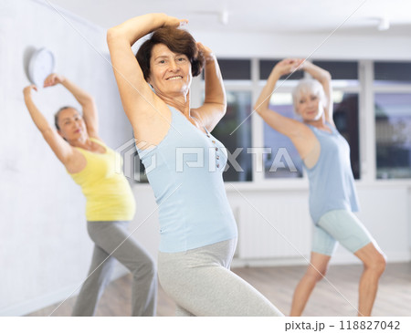 Group of elderly woman dancing in fitness studio Group of elderly woman dancing in fitness studio 118827042