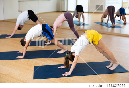 Preteen children with parents doing Downward Dog pose in fitness studio Preteen children with parents doing Downward Dog pose in fitness studio 118827051
