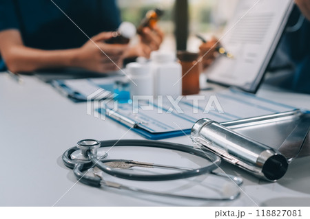 international team of professional doctors having a meeting in conference room at the modern hospital. Healthcare and medical development concept. 118827081