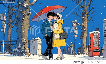 冬枯れ街をデートしている若い恋人たち