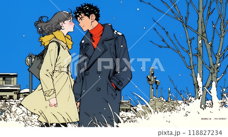 冬枯れ街をデートしている若い恋人たち