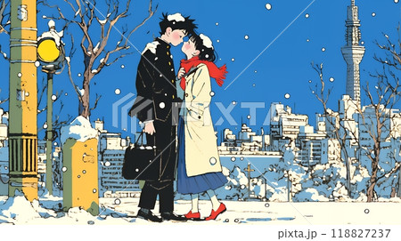 冬枯れ街をデートしている若い恋人たち
