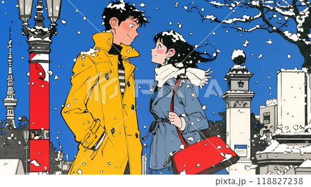 冬枯れ街をデートしている若い恋人たち 118827238