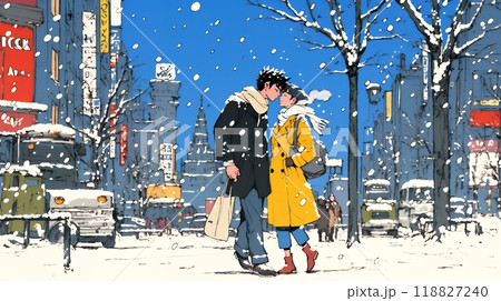 冬枯れ街をデートしている若い恋人たち