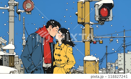 冬枯れ街をデートしている若い恋人たち