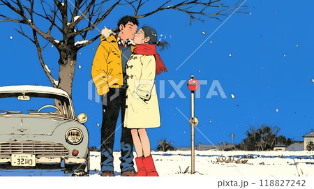 冬枯れ街をデートしている若い恋人たち