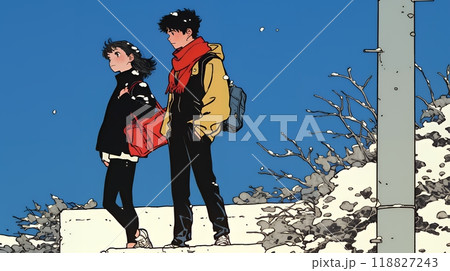 冬枯れ街をデートしている若い恋人たち