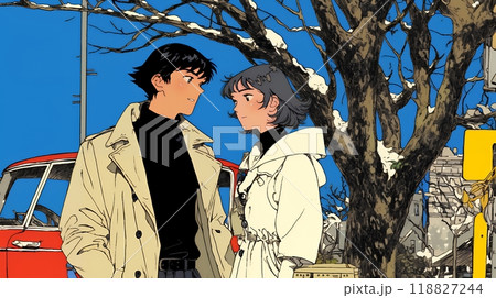 冬枯れ街をデートしている若い恋人たち