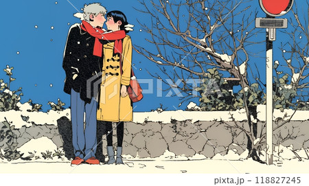 冬枯れ街をデートしている若い恋人たち