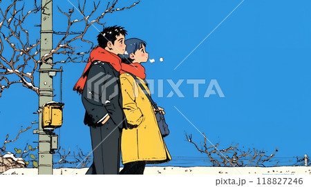 冬枯れ街をデートしている若い恋人たち