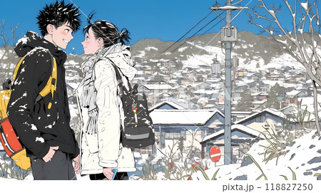 冬枯れ街をデートしている若い恋人たち