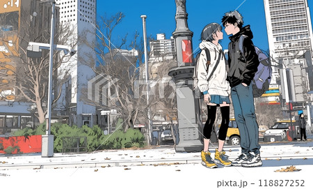 冬枯れ街をデートしている若い恋人たち 118827252