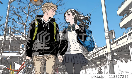 冬枯れ街をデートしている若い恋人たち