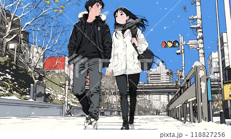 冬枯れ街をデートしている若い恋人たち