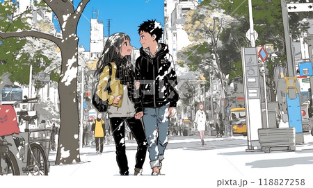 冬枯れ街をデートしている若い恋人たち