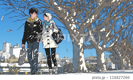 冬枯れ街をデートしている若い恋人たち