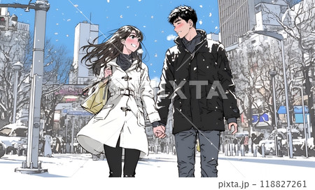 冬枯れ街をデートしている若い恋人たち