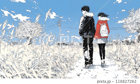 冬枯れ街をデートしている若い恋人たち