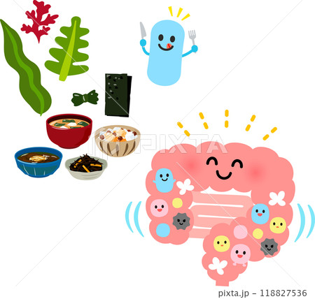 海藻を使った食品と健康な腸のキャラクター 118827536