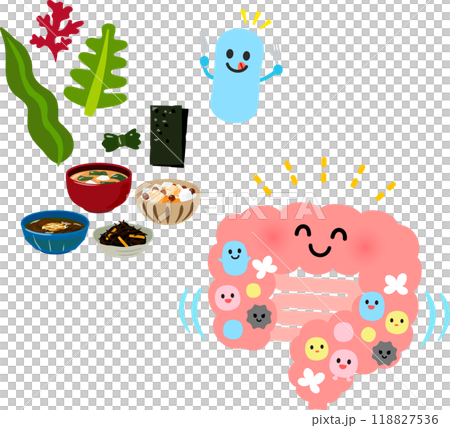 海藻を使った食品と健康な腸のキャラクター 118827536