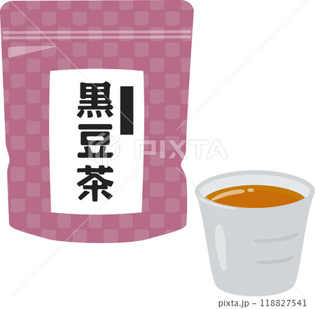 黒豆茶の袋と湯呑に入ったお茶 118827541