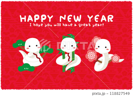 Happy New Year　松竹梅　白蛇　背景赤 118827549