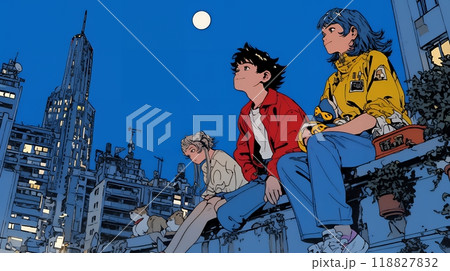 夜の街でたむろっているティーンエージャーたち