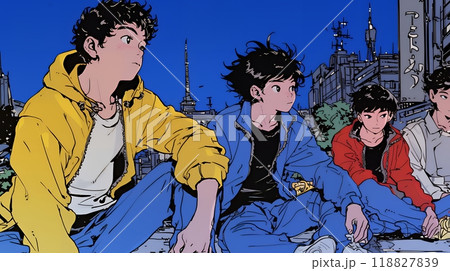 夜の街でたむろっているティーンエージャーたち