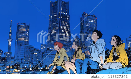 夜の街でたむろっているティーンエージャーたち