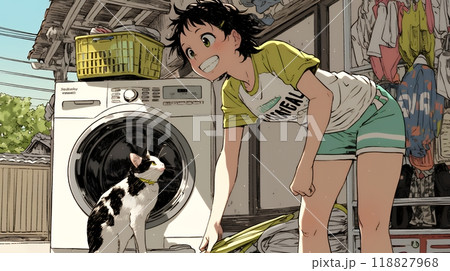 洗濯をしている若い女性