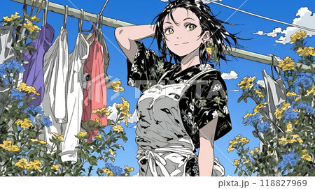 洗濯をしている若い女性
